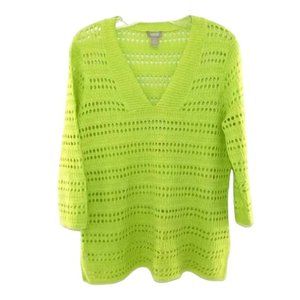 Chico's Vibrant Lime Green Cotton Blend Crochet V-Neck Sweater